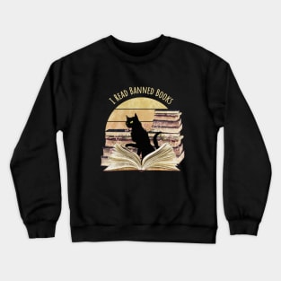 Black Cat reading a banned books, watercolor sunset style, flowers growing from book, cats and books lovers Crewneck Sweatshirt